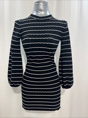 Kittenish Black and White Striped Long-Sleeve Knit Dress trendy chic party 1345